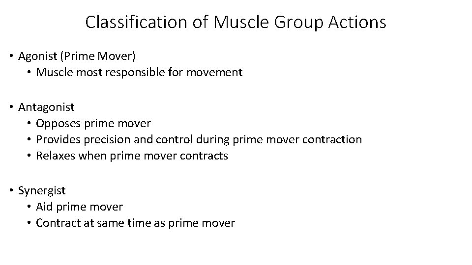 Classification of Muscle Group Actions • Agonist (Prime Mover) • Muscle most responsible for