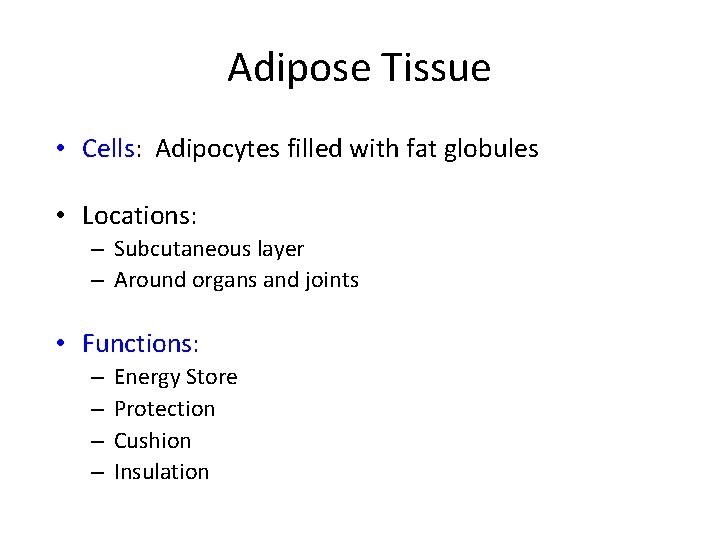 Adipose Tissue • Cells: Adipocytes filled with fat globules • Locations: – Subcutaneous layer