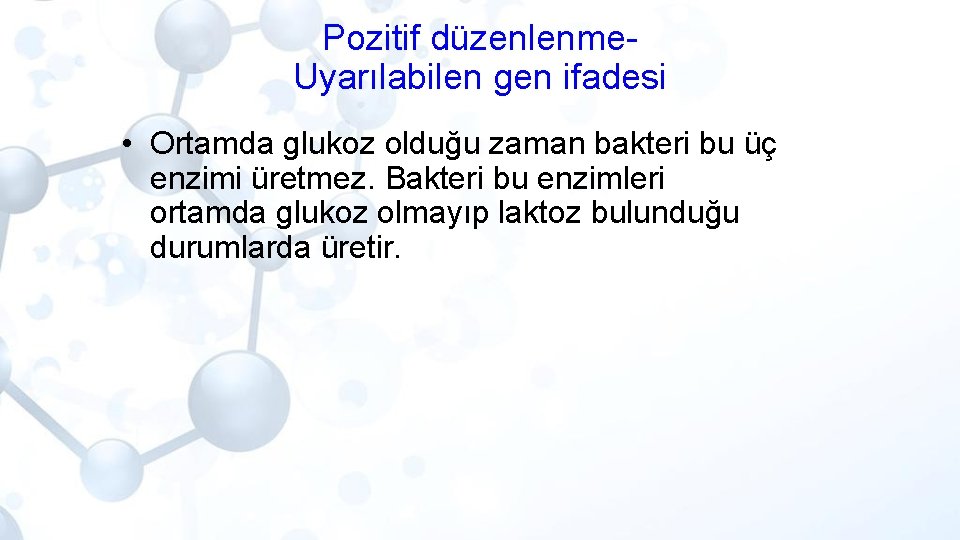 Pozitif düzenlenme. Uyarılabilen gen ifadesi • Ortamda glukoz olduğu zaman bakteri bu üç enzimi