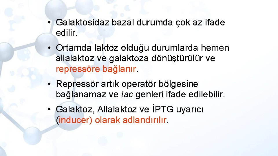  • Galaktosidaz bazal durumda çok az ifade edilir. • Ortamda laktoz olduğu durumlarda