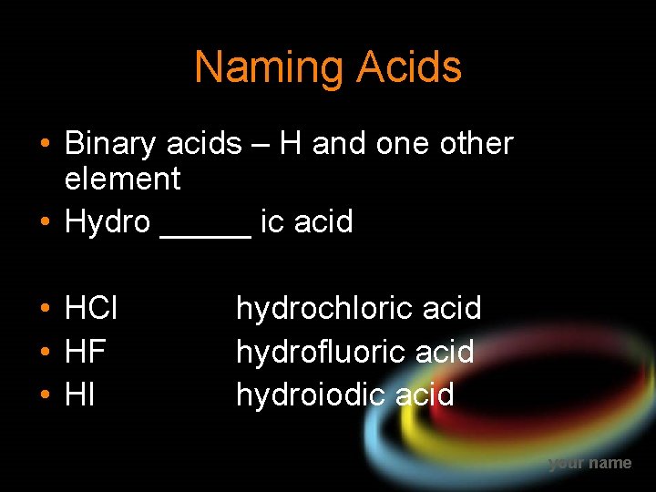 Naming Acids • Binary acids – H and one other element • Hydro _____