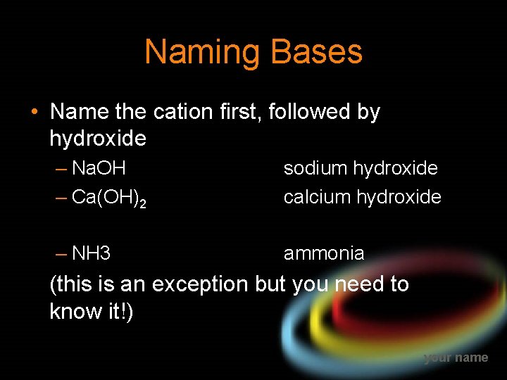 Naming Bases • Name the cation first, followed by hydroxide – Na. OH –