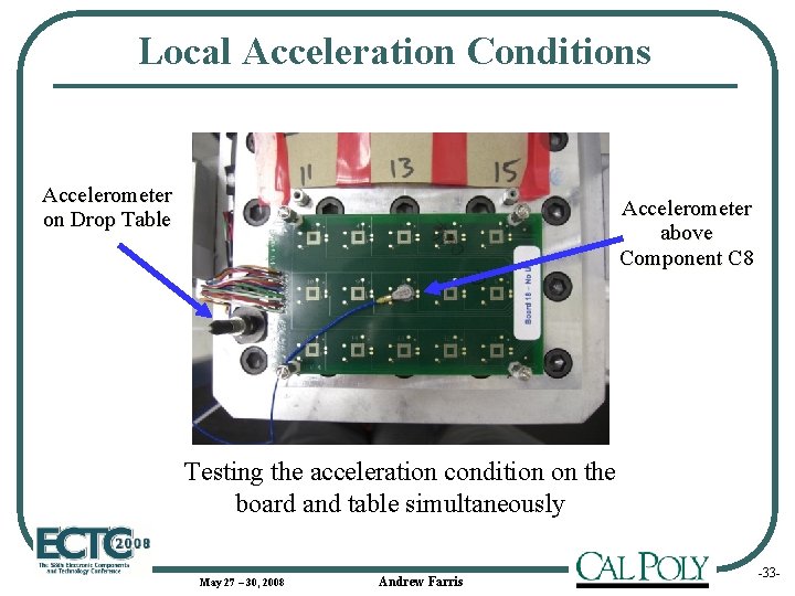 Local Acceleration Conditions Accelerometer on Drop Table Accelerometer above Component C 8 Testing the