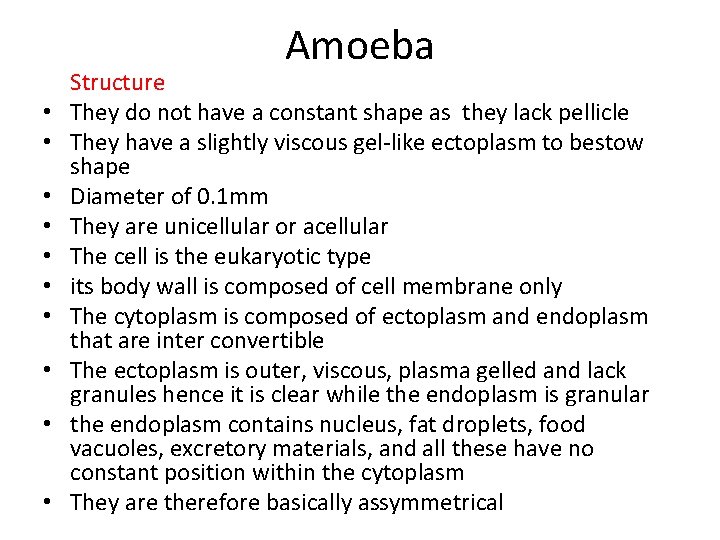 Amoeba • • • Structure They do not have a constant shape as they