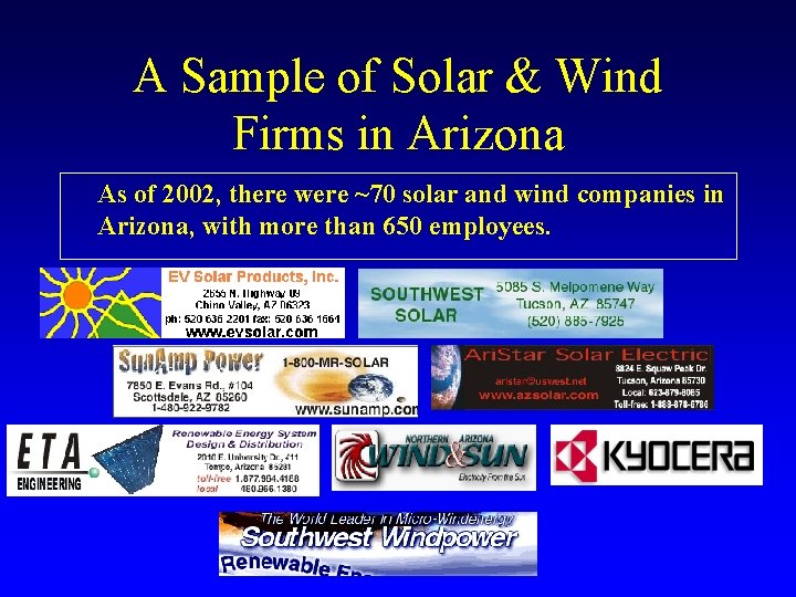 A Sample of Solar & Wind Firms in Arizona As of 2002, there were