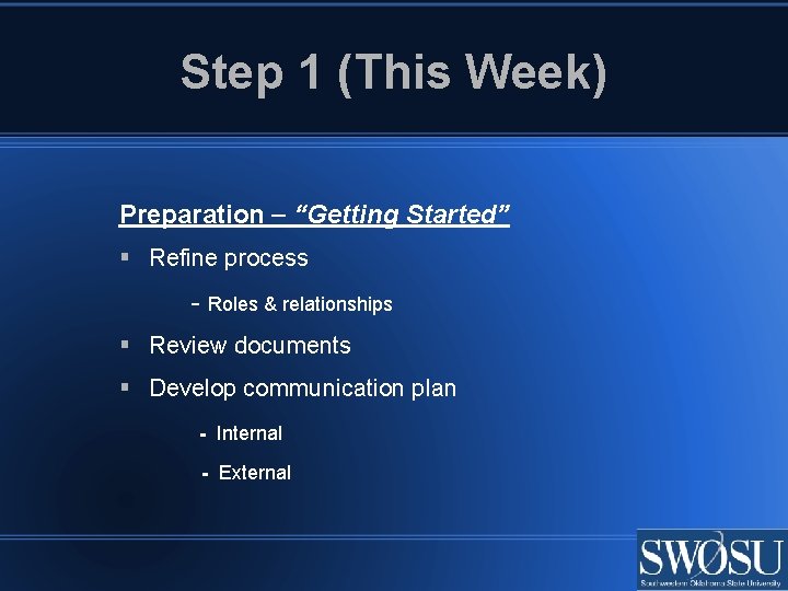 Step 1 (This Week) Preparation “Getting Started” Refine process - Roles & relationships Review