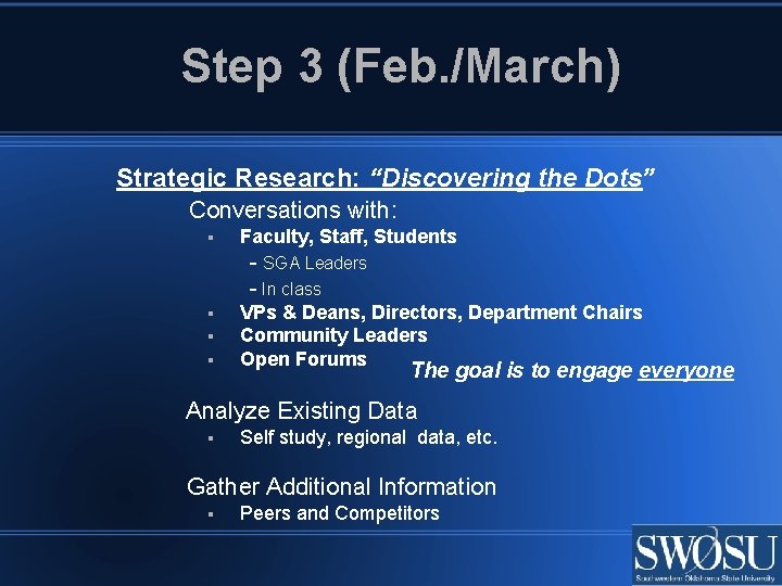 Step 3 (Feb. /March) Strategic Research: “Discovering the Dots” Conversations with: Faculty, Staff, Students