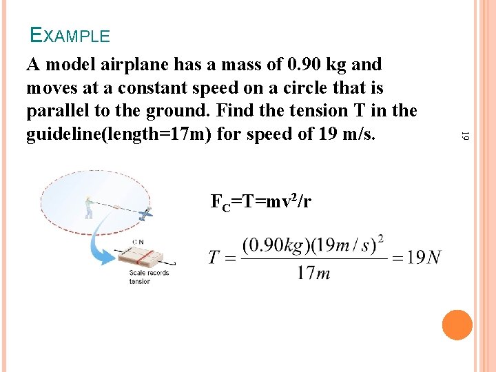 EXAMPLE FC=T=mv 2/r 19 A model airplane has a mass of 0. 90 kg