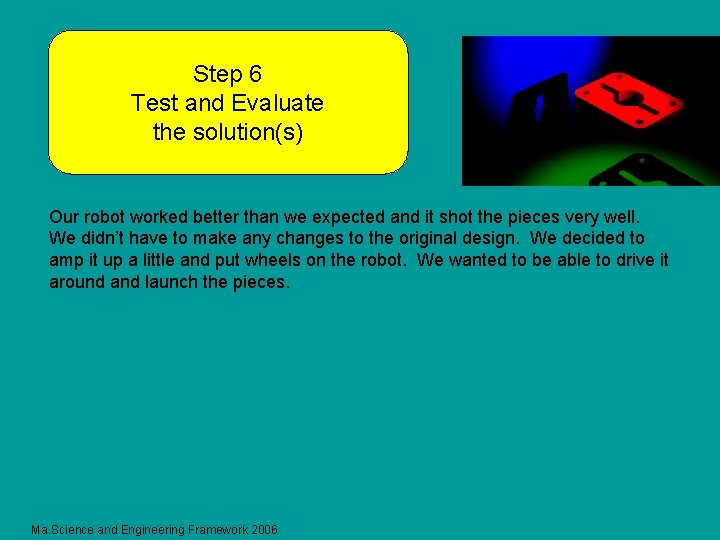 Step 6 Test and Evaluate the solution(s) Our robot worked better than we expected