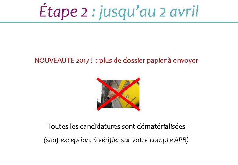 Étape 2 : jusqu’au 2 avril NOUVEAUTE 2017 ! : plus de dossier papier