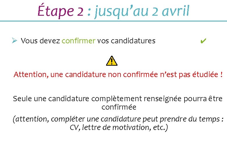 Étape 2 : jusqu’au 2 avril Ø Vous devez confirmer vos candidatures ✔ Attention,