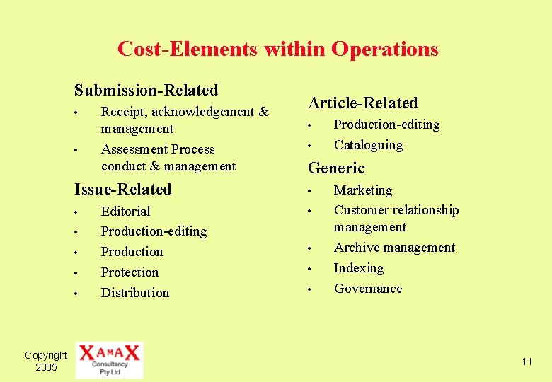 Cost-Elements within Operations Submission-Related • • Receipt, acknowledgement & management Assessment Process conduct &