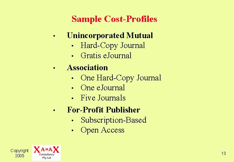 Sample Cost-Profiles • • • Copyright 2005 Unincorporated Mutual • Hard-Copy Journal • Gratis