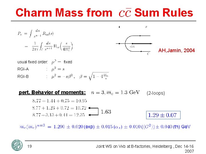 Charm Mass from Sum Rules AH, Jamin, 2004 usual fixed order: RGI-A : RGI-B