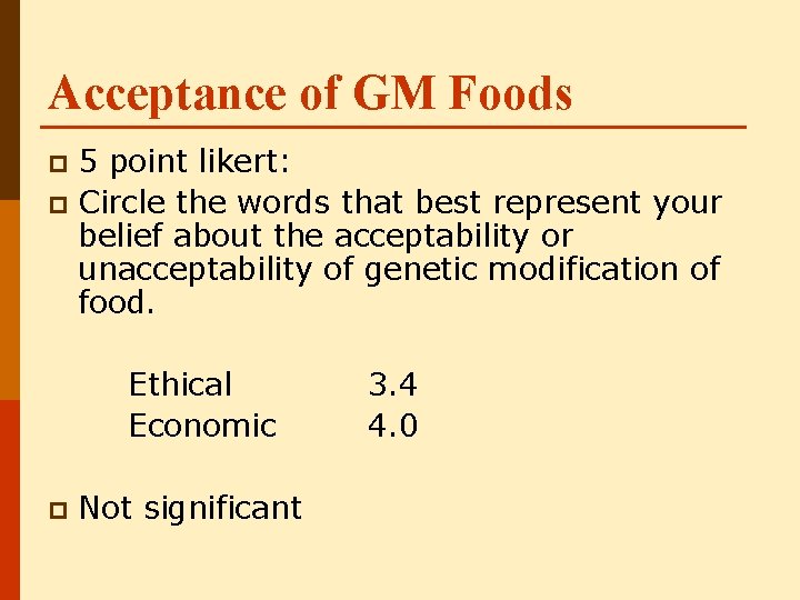 Acceptance of GM Foods 5 point likert: p Circle the words that best represent