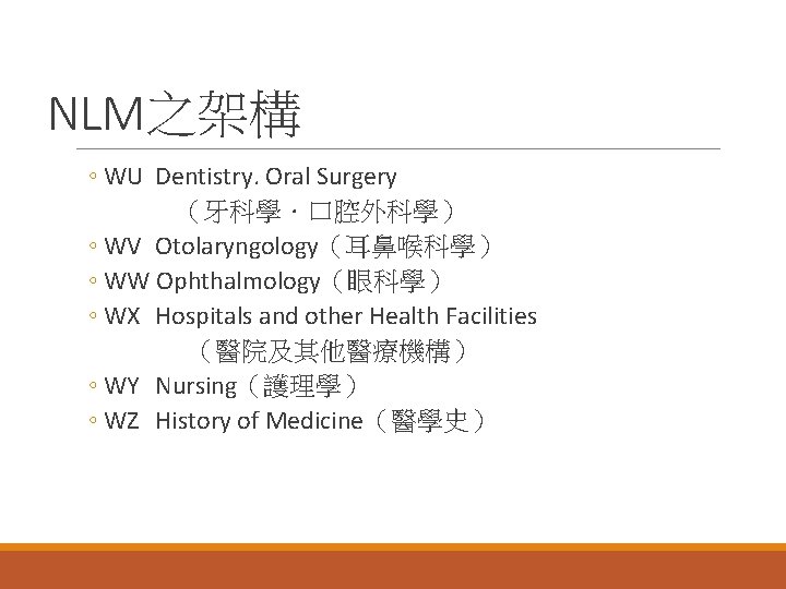 NLM之架構 ◦ WU Dentistry. Oral Surgery （牙科學．口腔外科學） ◦ WV Otolaryngology（耳鼻喉科學） ◦ WW Ophthalmology（眼科學） ◦