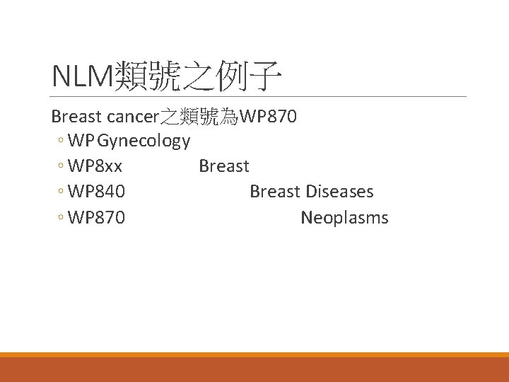 NLM類號之例子 Breast cancer之類號為WP 870 ◦ WPGynecology ◦ WP 8 xx Breast ◦ WP 840