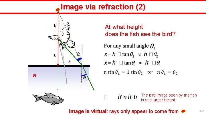 Image via refraction (2) At what height does the fish see the bird? n