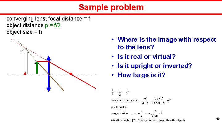 Sample problem converging lens, focal distance = f object distance p = f/2 object