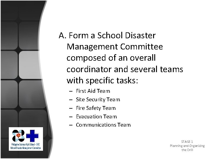 A. Form a School Disaster Management Committee composed of an overall coordinator and several