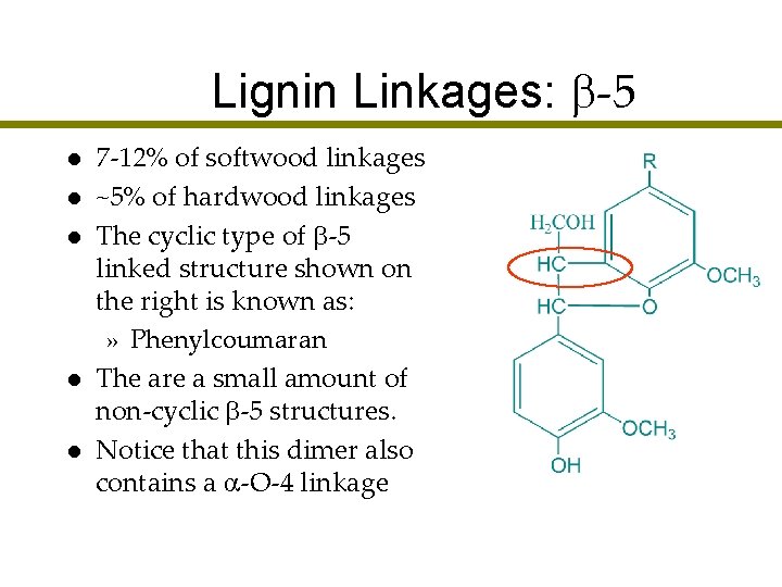 Lignin Linkages: -5 l l l 7 -12% of softwood linkages ~5% of hardwood