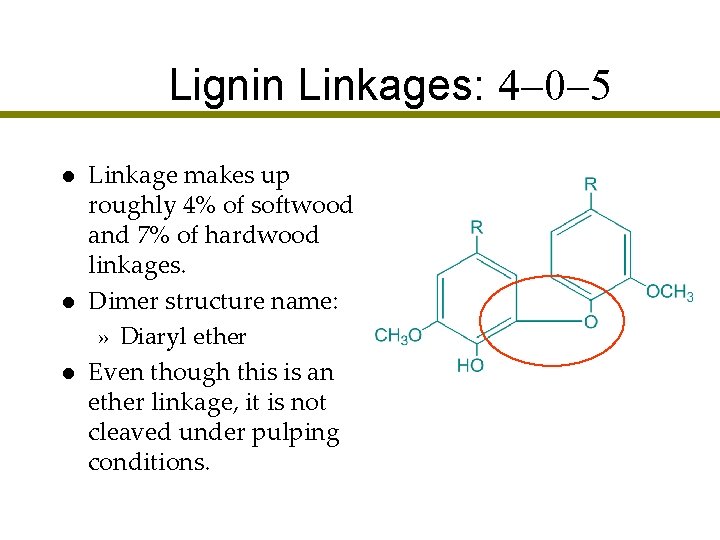Lignin Linkages: 4 -0 -5 l l l Linkage makes up roughly 4% of