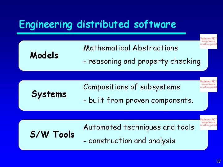 Engineering distributed software Models Systems S/W Tools Mathematical Abstractions - reasoning and property checking
