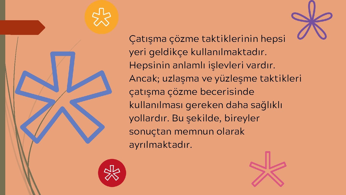 Çatışma çözme taktiklerinin hepsi yeri geldikçe kullanılmaktadır. Hepsinin anlamlı işlevleri vardır. Ancak; uzlaşma ve