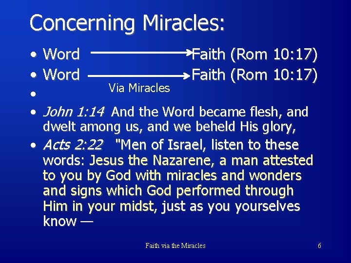 Concerning Miracles: • Word Faith (Rom 10: 17) Via Miracles • • John 1: