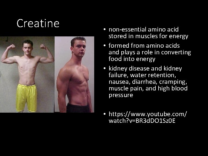 Creatine • non-essential amino acid stored in muscles for energy • formed from amino