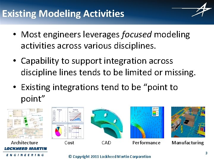Existing Modeling Activities • Most engineers leverages focused modeling activities across various disciplines. •