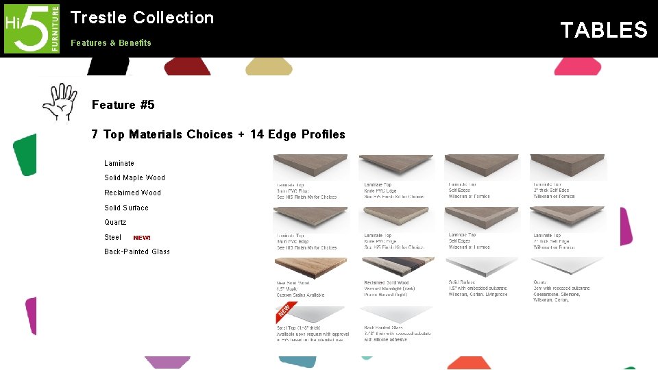 Trestle Collection Features & Benefits Feature #5 7 Top Materials Choices + 14 Edge