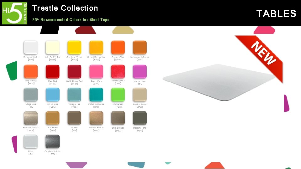 Trestle Collection 26+ Recommended Colors for Steel Tops TABLES 