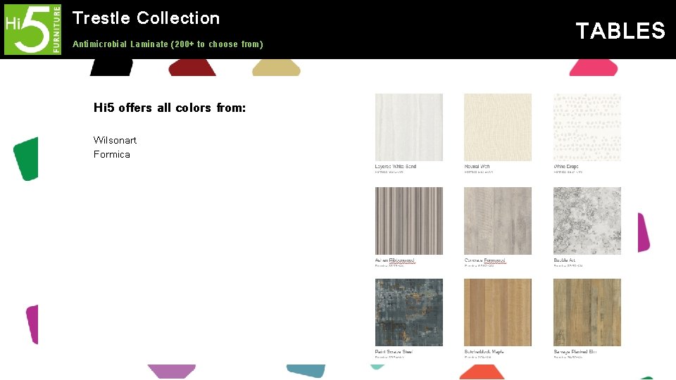Trestle Collection Antimicrobial Laminate (200+ to choose from) Hi 5 offers all colors from: