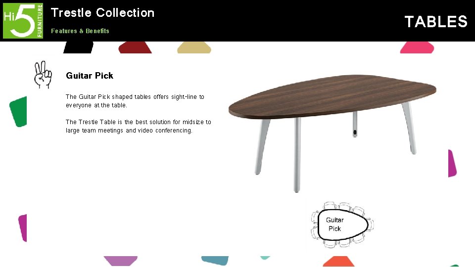 Trestle Collection Features & Benefits Guitar Pick The Guitar Pick shaped tables offers sight-line