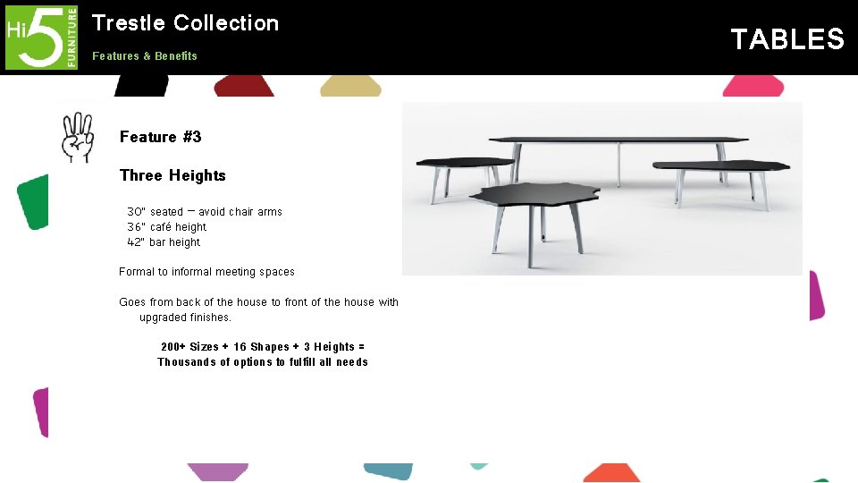 Trestle Collection Features & Benefits Feature #3 Three Heights 30” seated – avoid chair