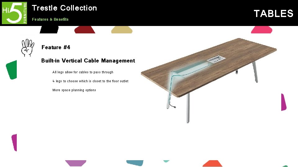 Trestle Collection Features & Benefits Feature #4 Built-in Vertical Cable Management All legs allow
