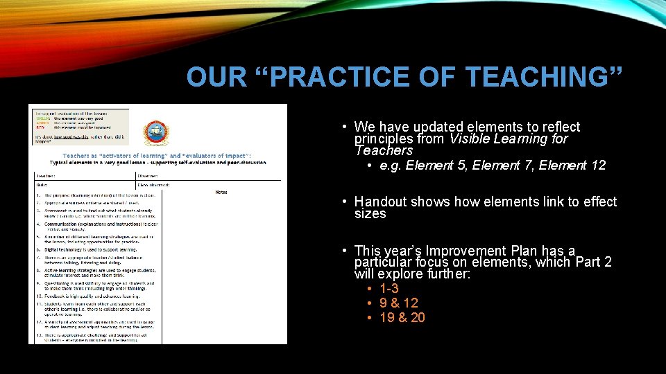 OUR “PRACTICE OF TEACHING” • We have updated elements to reflect principles from Visible