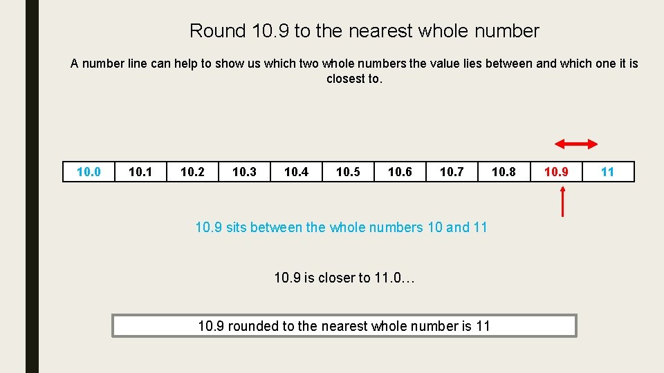 Round 10. 9 to the nearest whole number A number line can help to