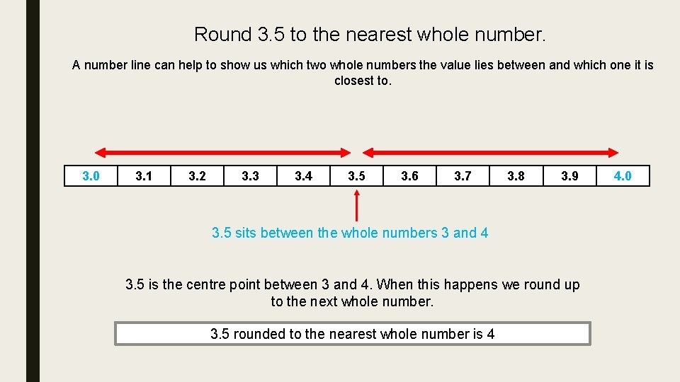 Round 3. 5 to the nearest whole number. A number line can help to