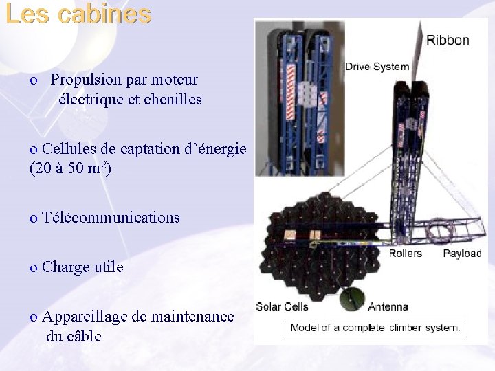 Les cabines o Propulsion par moteur électrique et chenilles o Cellules de captation d’énergie