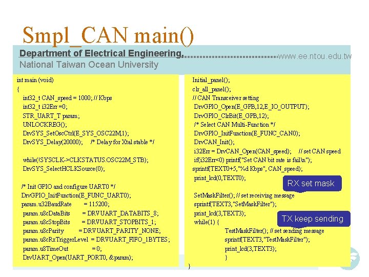 Smpl_CAN main() Department of Electrical Engineering, National Taiwan Ocean University www. ee. ntou. edu.