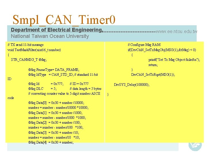 Smpl_CAN_Timer 0 Department of Electrical Engineering, National Taiwan Ocean University www. ee. ntou. edu.