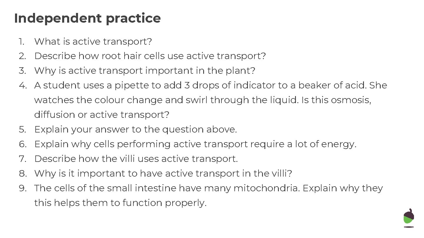 Independent practice 1. What is active transport? 2. Describe how root hair cells use