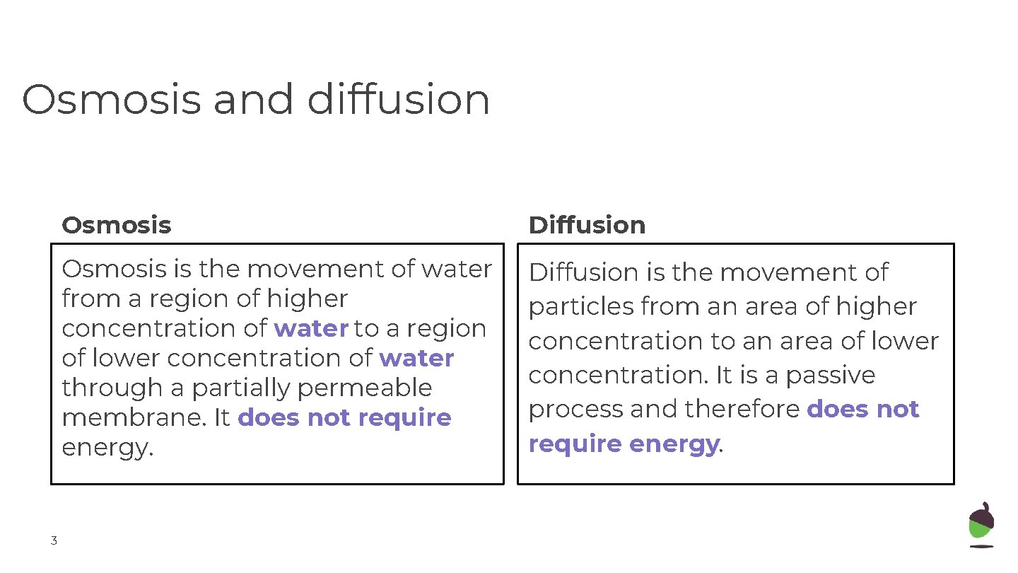 Osmosis and diffusion 3 Osmosis Diffusion Osmosis is the movement of water from a
