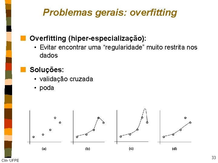 Problemas gerais: overfitting n Overfitting (hiper-especialização): • Evitar encontrar uma “regularidade” muito restrita nos