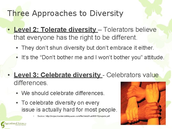 Three Approaches to Diversity • Level 2: Tolerate diversity – Tolerators believe that everyone