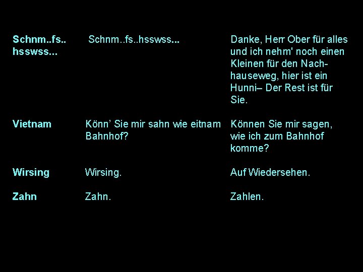 Schnm. . fs. . hsswss. . . Danke, Herr Ober für alles und ich