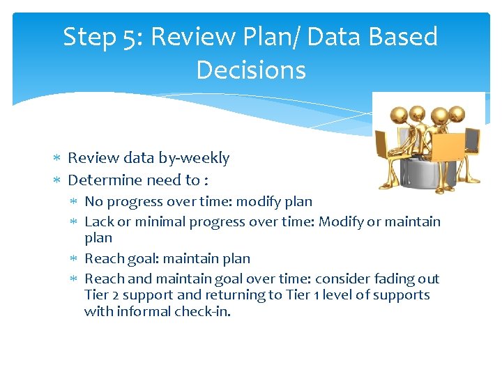 Step 5: Review Plan/ Data Based Decisions Review data by-weekly Determine need to :