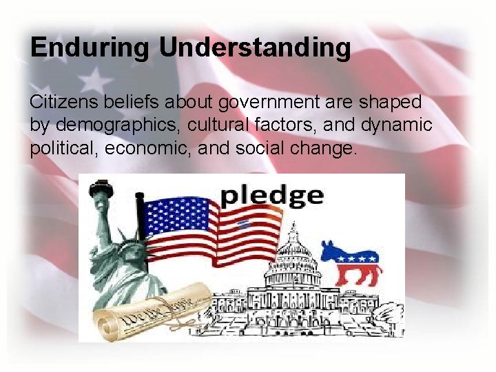 Enduring Understanding Citizens beliefs about government are shaped by demographics, cultural factors, and dynamic